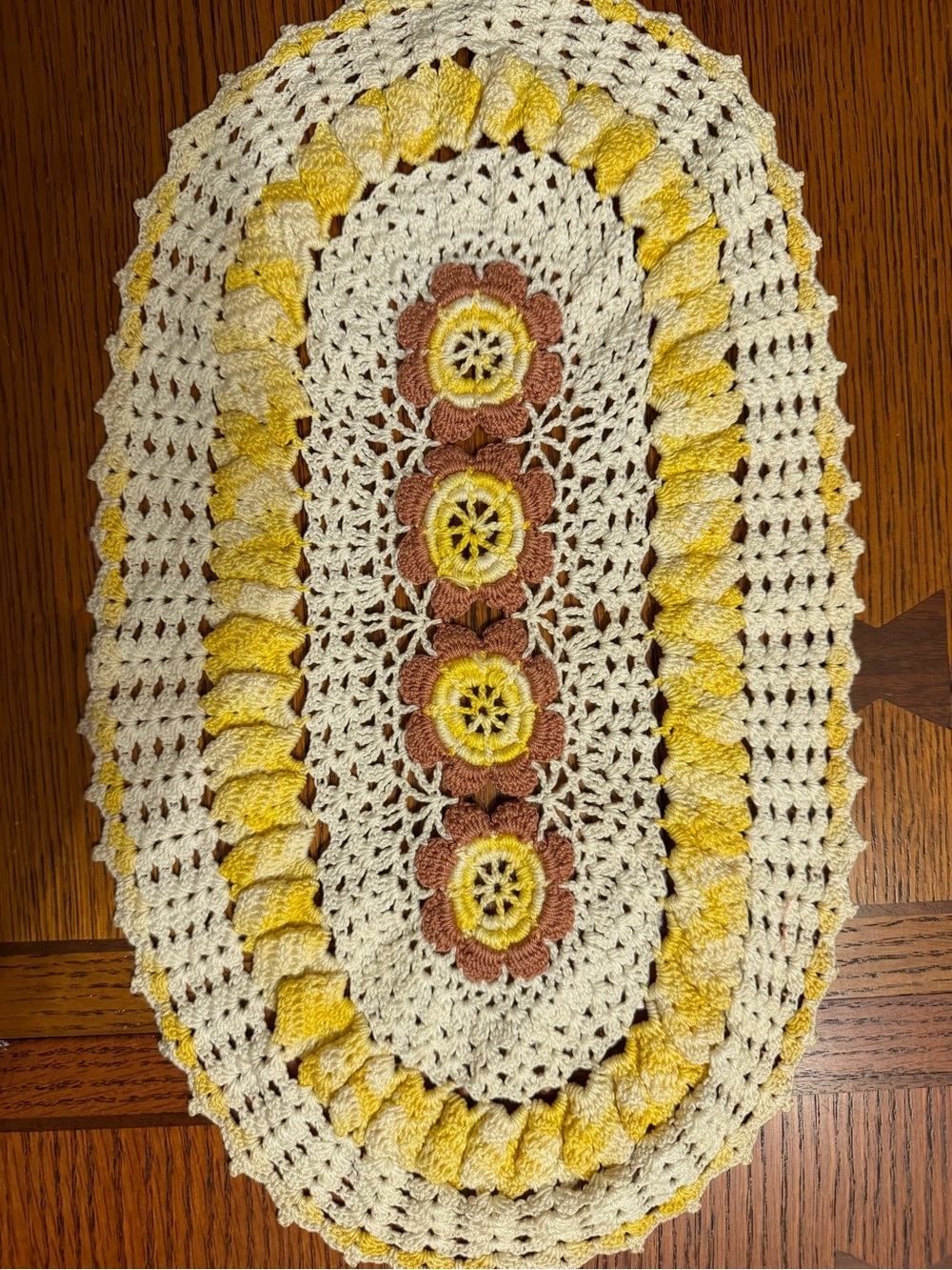 Vintage 1950’s Crocheted Oval Doily with Yellow Accents